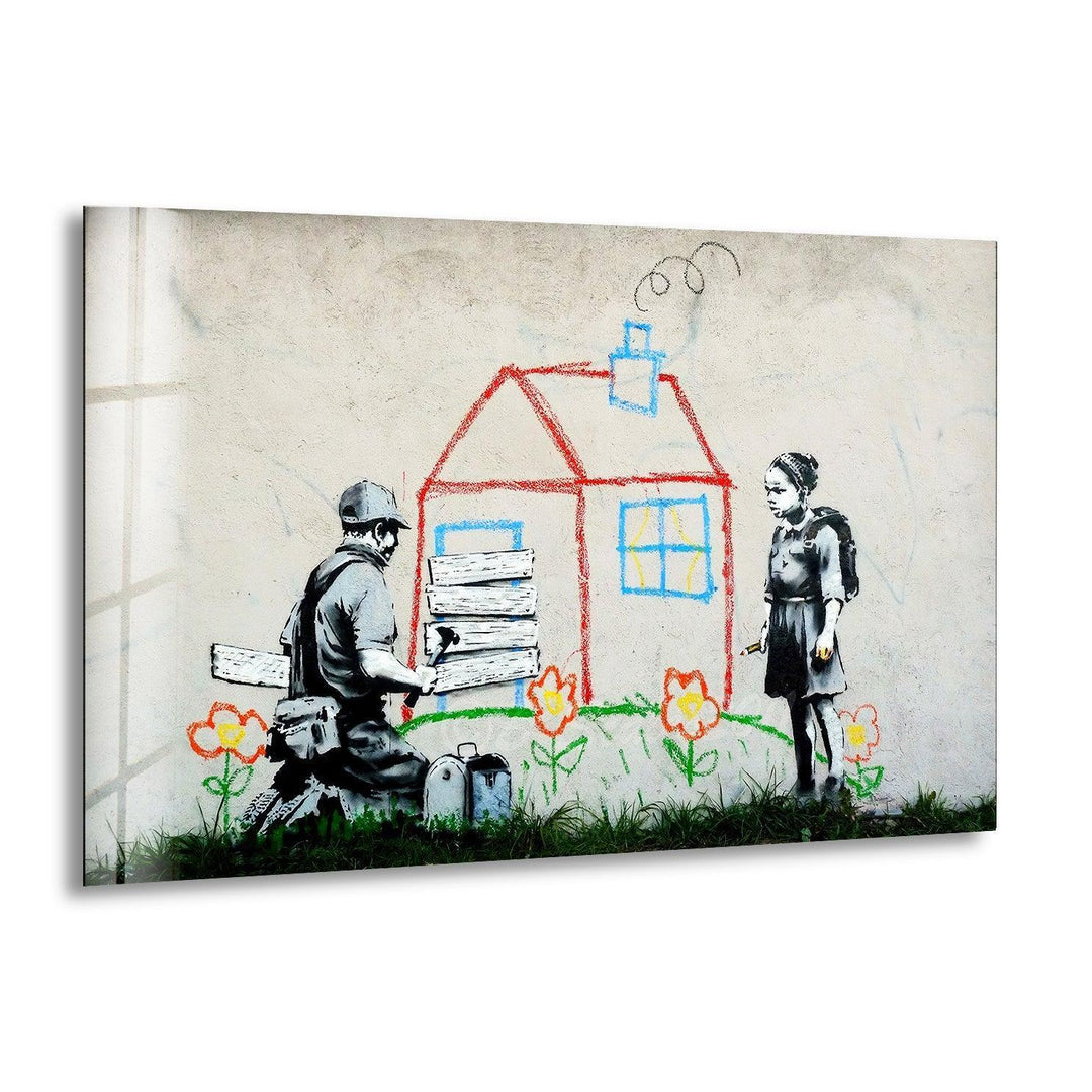 Banksy Kids House Tempered Glass Wall Art - Artdesigna Glass Printing Wall Arts - Banksy Art for Sale0 - Shop Banksy artwork for sale and bring the famous street artist's work into your home. From Banksy wall art to original paintings, our collection has something for every art lover. Purchase Banksy art and transform your decor with bold, contemporary pieces.