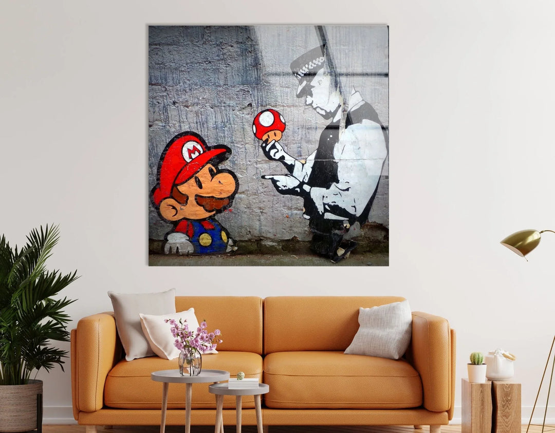 Banksy Mario and Police Man Glass Wall Art .  Banksy prints for sale