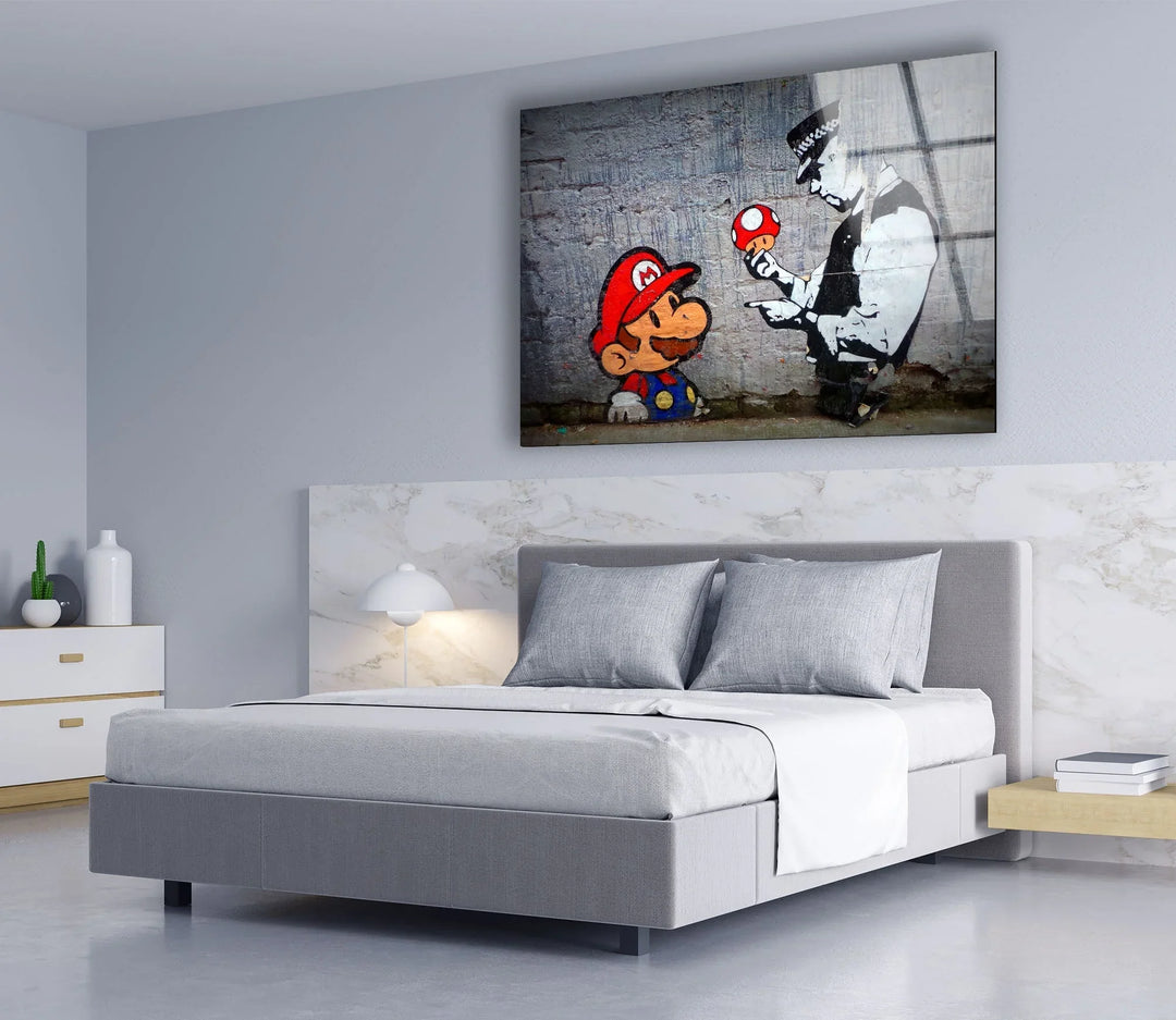 Banksy Mario and Police Man Glass Wall Art . buy Banksy art