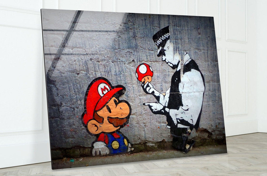 Banksy Mario and Police Man Glass Wall Art . large Banksy wall art