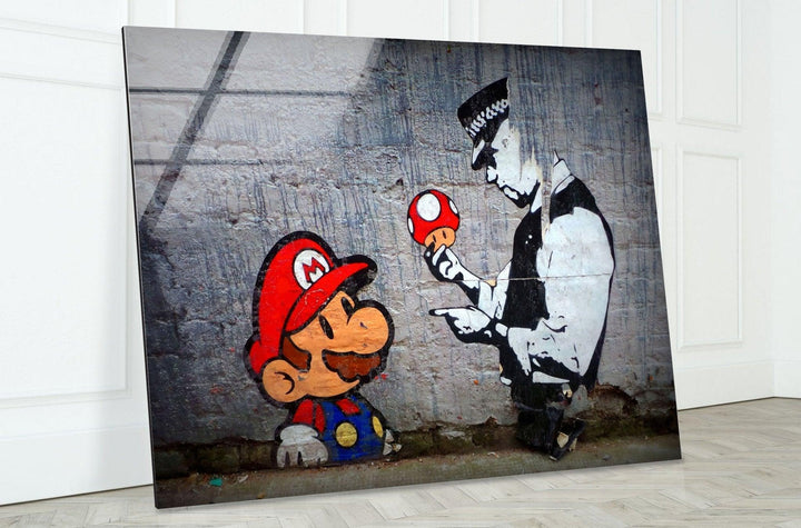 Banksy Mario and Police Man Glass Wall Art . large Banksy wall art
