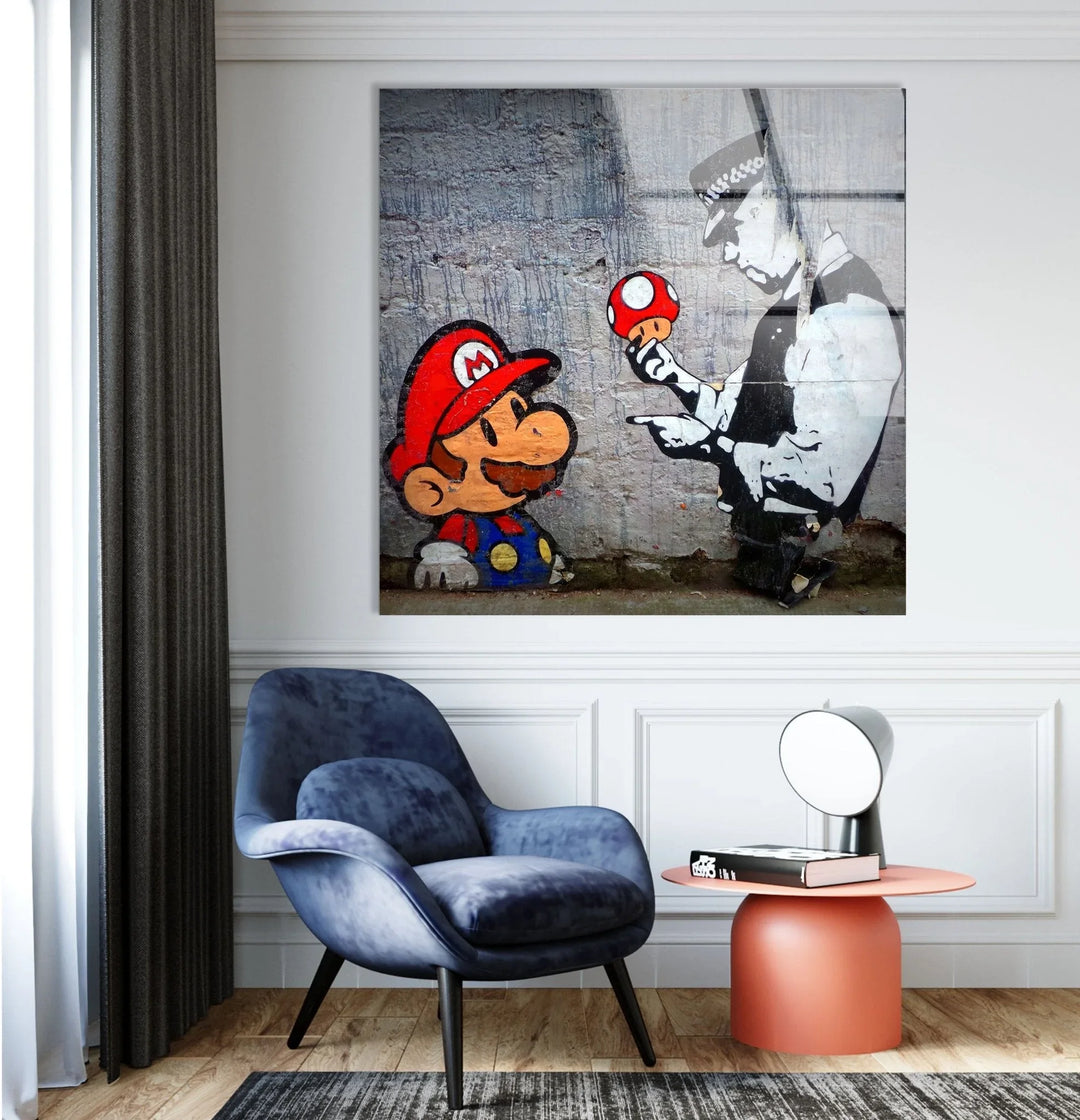 Banksy Mario and Police Man Glass Wall Art .  buy Banksy art