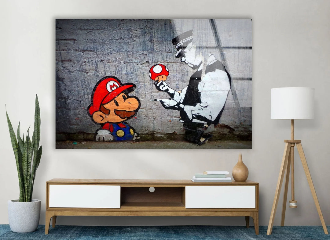 Banksy Mario and Police Man Glass Wall Art . Banksy original art for sale