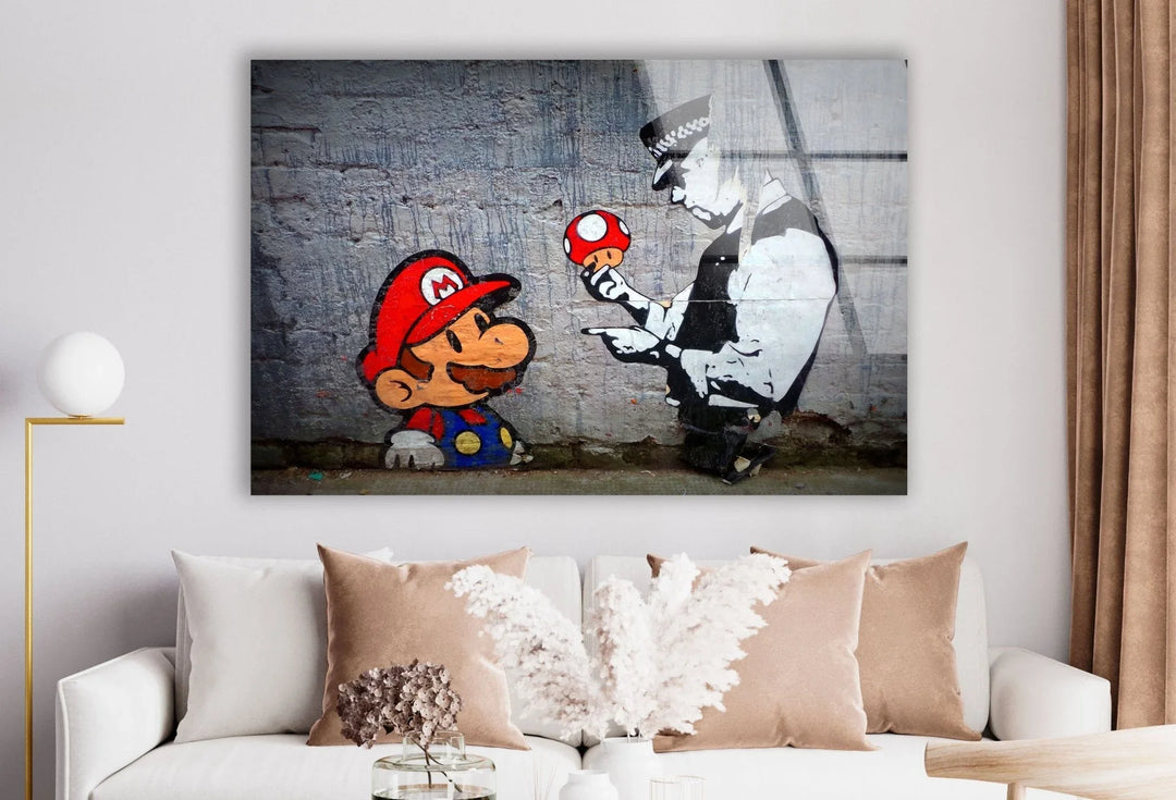 Banksy Mario and Police Man Glass Wall Art . banksy prints