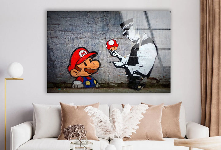 Banksy Mario and Police Man Glass Wall Art . banksy prints