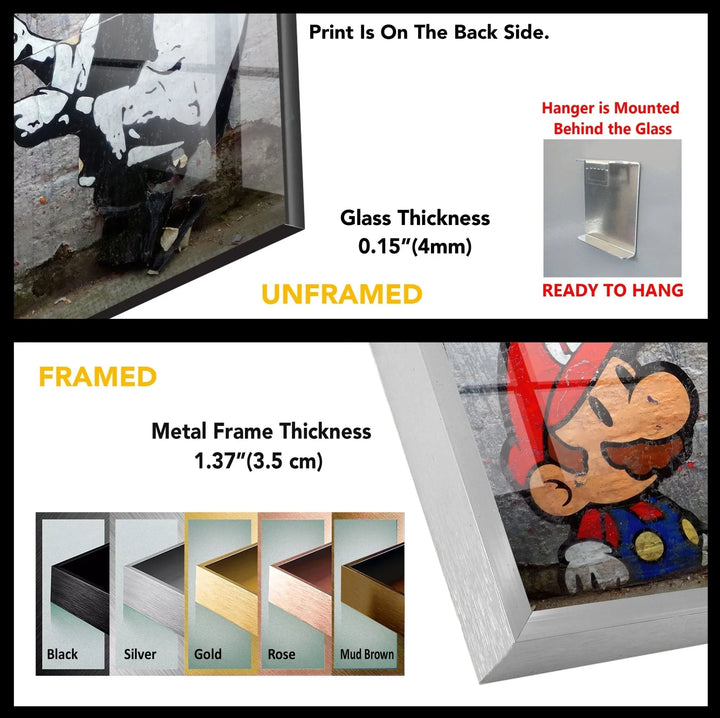 Framed Banksy Mario and Cop Police Man Tempered Glass Wall Art - framed banksy wall art