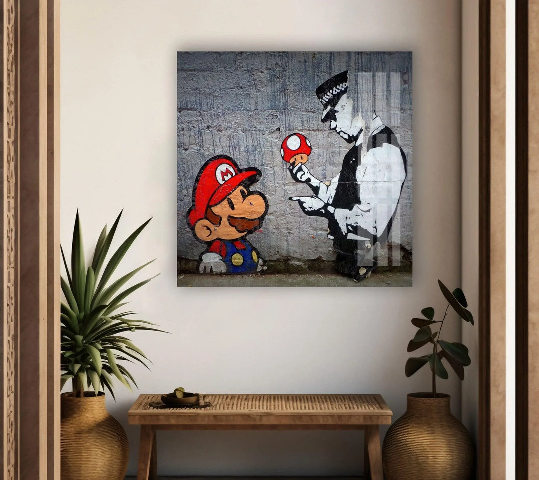 Banksy Mario and Police Man Glass Wall Art Banksy artwork for sale