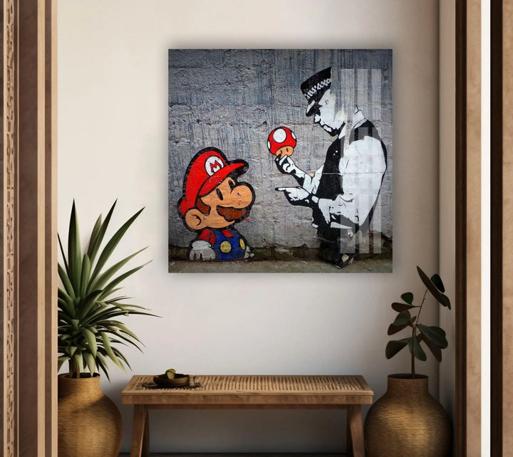 Banksy Mario and Police Man Glass Wall Art Banksy artwork for sale