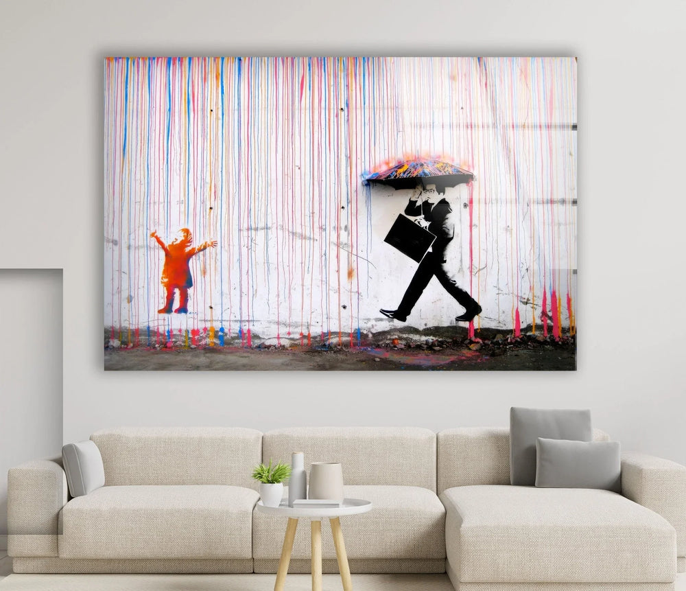 Banksy Umbrella Man Rainbow Rain Tempered Glass Wall Art - Artdesigna Glass Printing Wall Arts - Banksy original art for sale