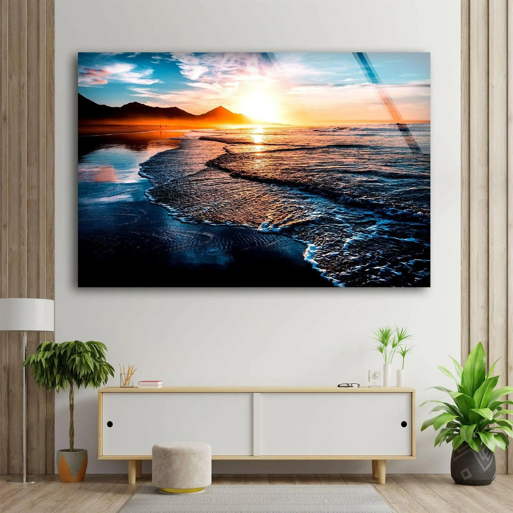 Beach at Sunset & Waves Glass Wall Art glass art painting, glass art for the Wall