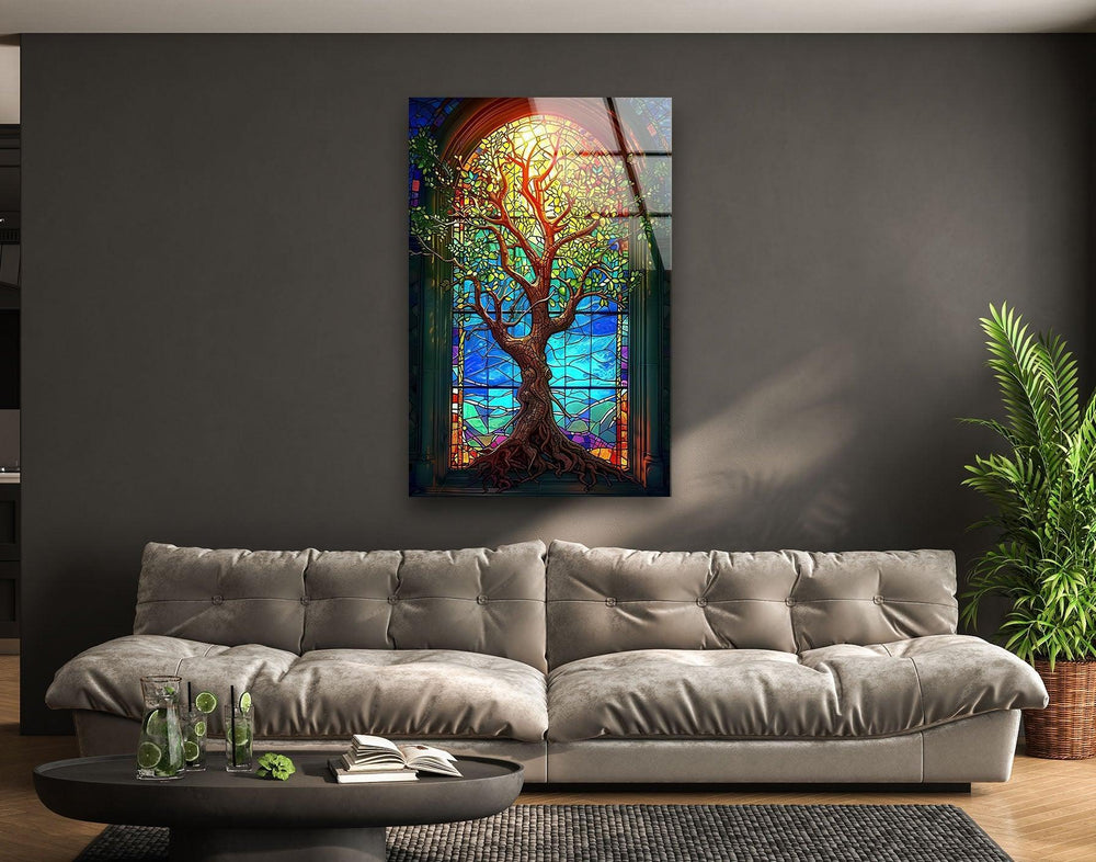 Beautiful Yellow Life of Tree Glass Wall Art glass art painting, glass art for the Wall
