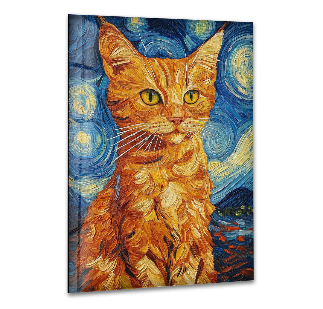 Orange Cat Stile Van Gogh Glass Wall Art glass wall decor, glass wall art decor