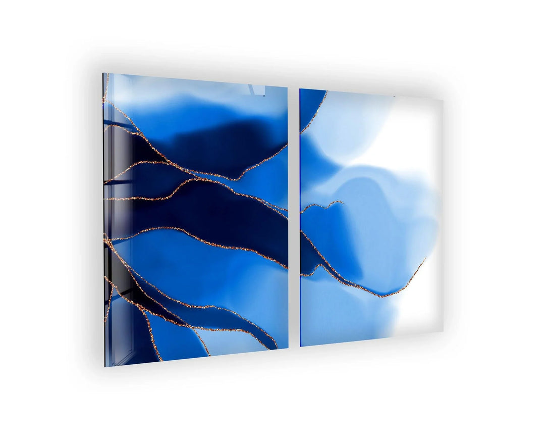 Golden Veins Blue Alcohol ink Abstract Glass Wall Art, print on glass, glass printed photos