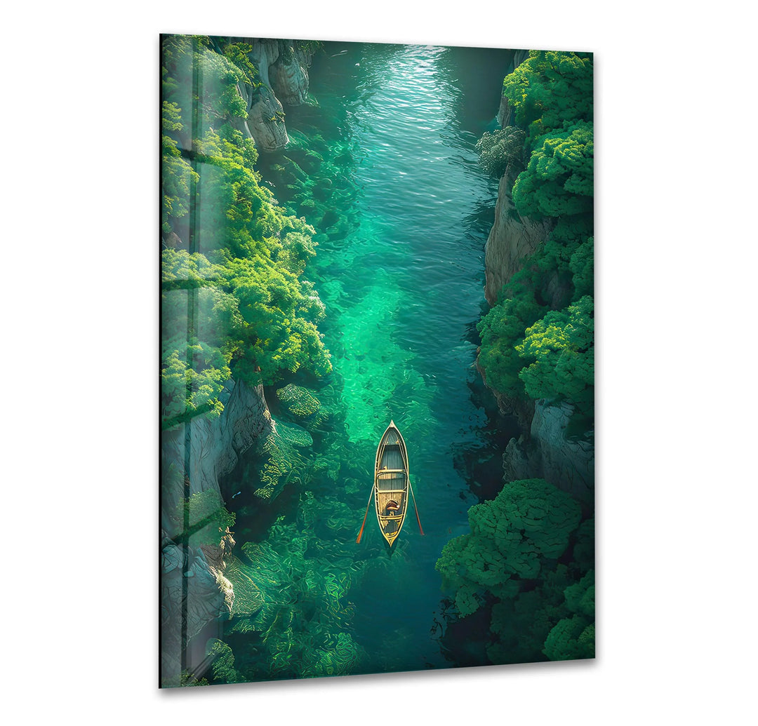 Emerald River Escape Glass Wall Art: A Tranquil Journey Through Nature - MyPhotoStation