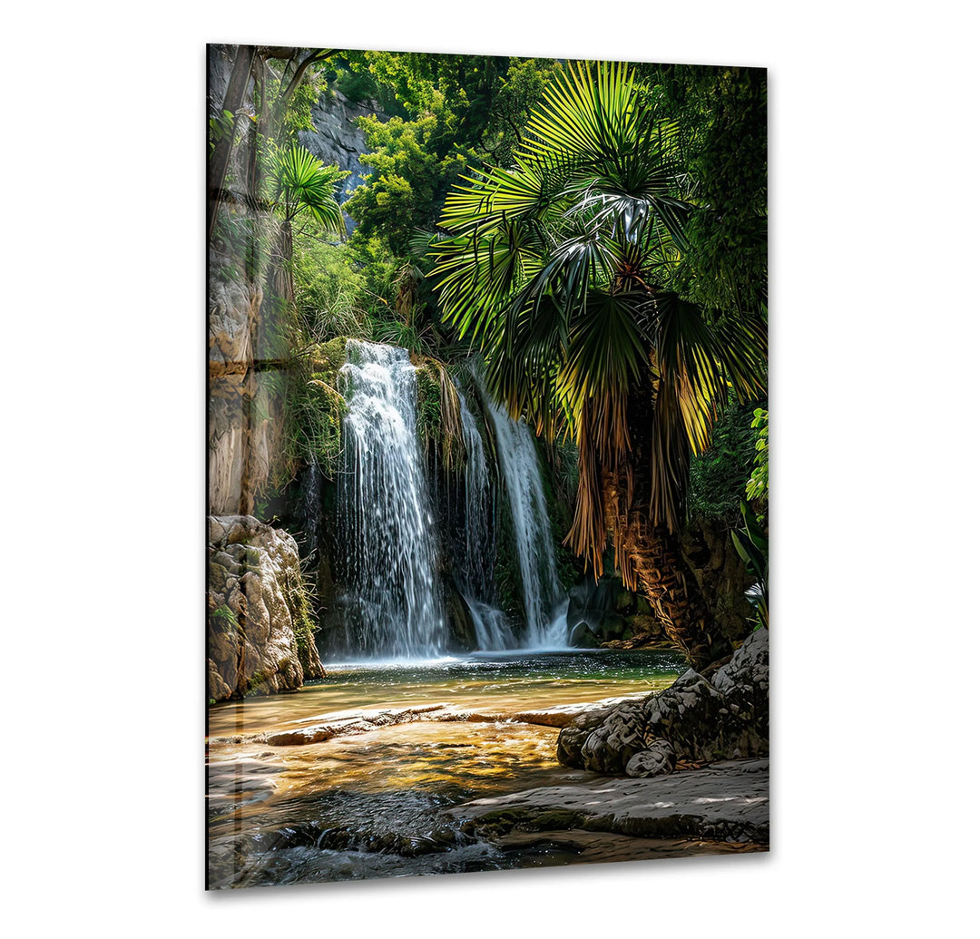 Waterfall in Green Forest Glass Wall Art photo print on glass, prints on glass wall art