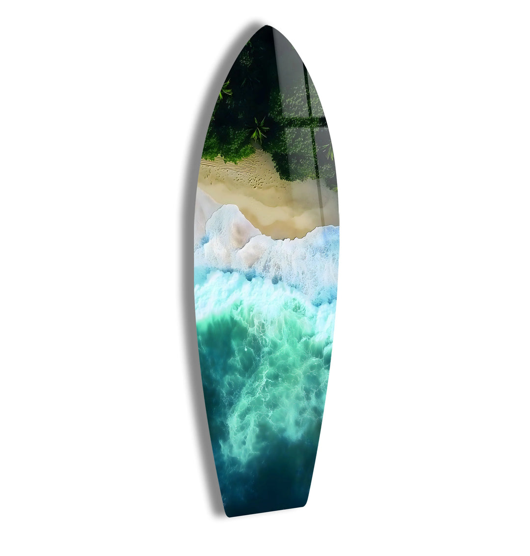 Aerial view of ocean waves crashing on a tropical beach, surrounded by lush palm trees, captured on high-quality glass.