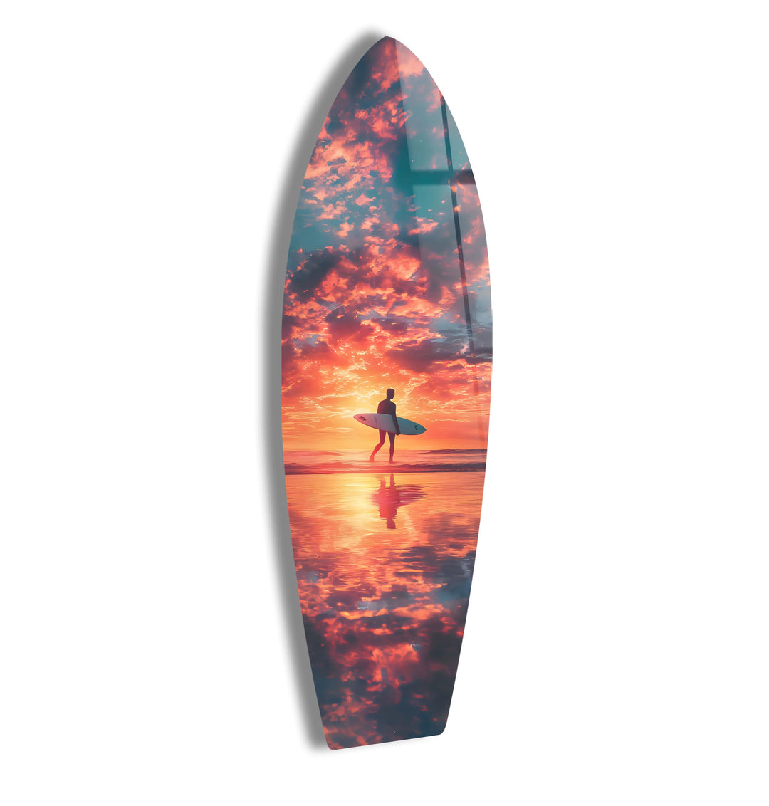 Surfer against a vibrant sunset, captured in stunning glass wall art for beach lovers.