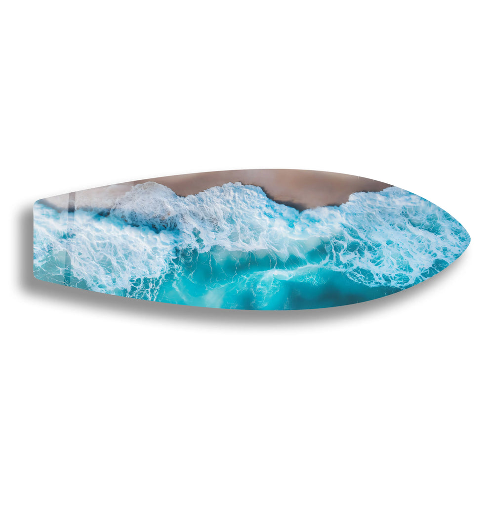 Aerial view of crashing ocean waves, captured on stunning glass wall art.