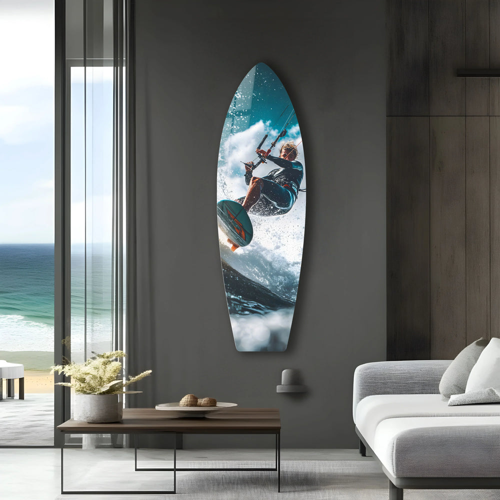 Exciting kite surfing scene in stunning glass wall art, perfect for adventure lovers.