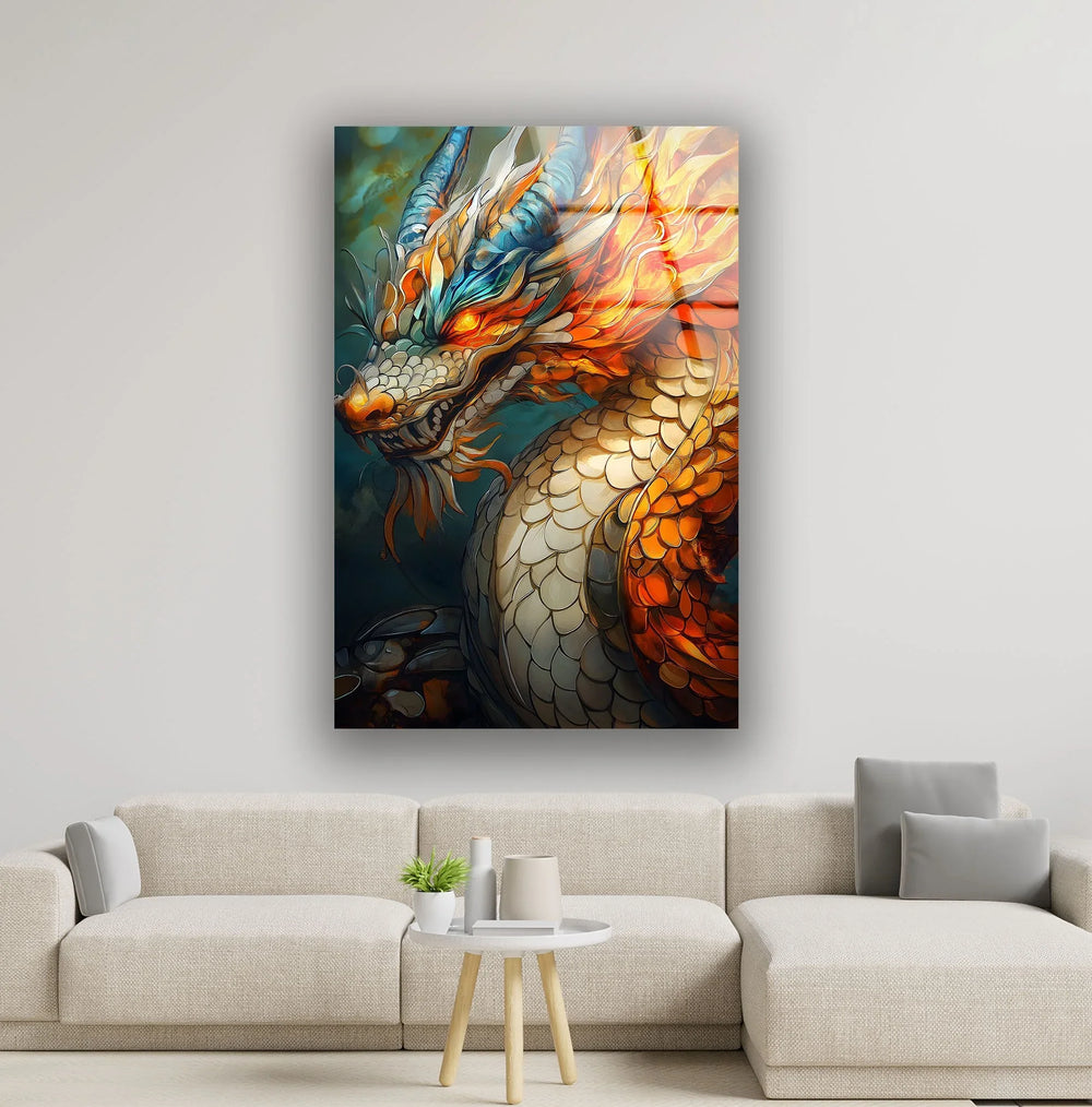 Majestic dragon artwork with fiery colors and intricate details in a mythical style.