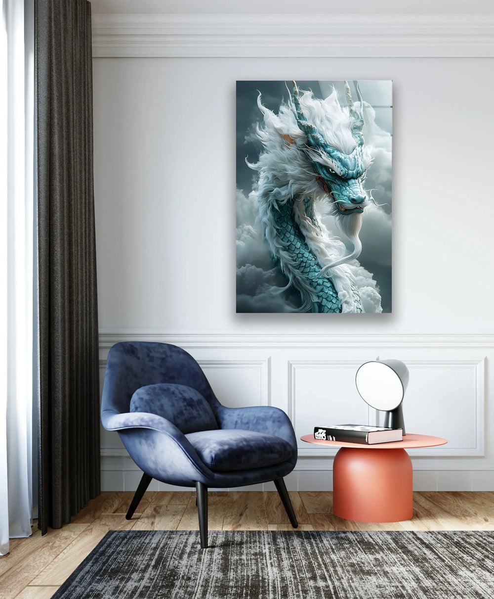 Powerful mythical dragon with stunning blue and white scales in a storm.