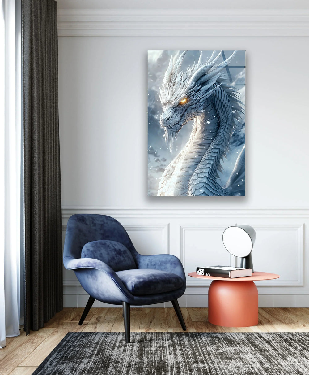 Powerful white dragon artwork featuring intricate scales and icy details.