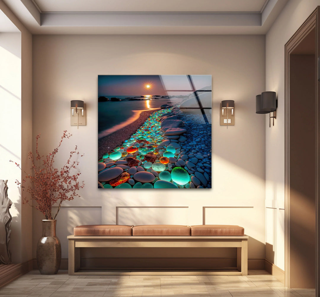 Glowing Pebble Beach Wall Art – Sunset Glass Print with Luminous Stones for Coastal Decor - MyPhotoStation