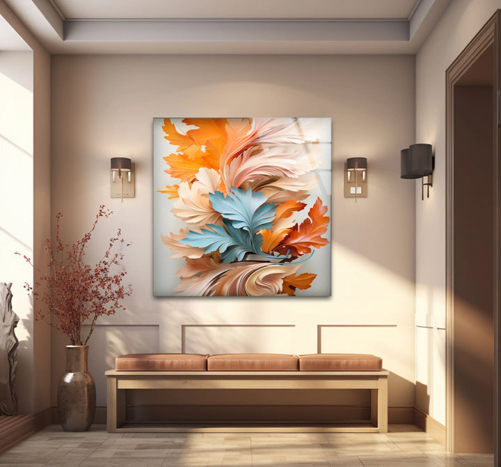 Autumn Leaves Abstract Wall Art – Orange and Blue Botanical Glass Print for Seasonal Elegance - MyPhotoStation