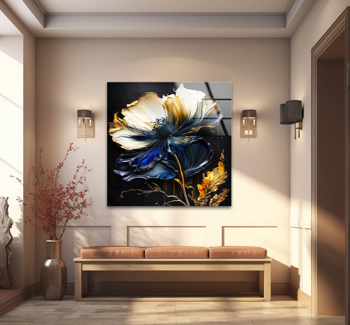Blue and Gold Floral Wall Art – Elegant Dark Botanical Glass Print for Modern Luxury Decor - MyPhotoStation