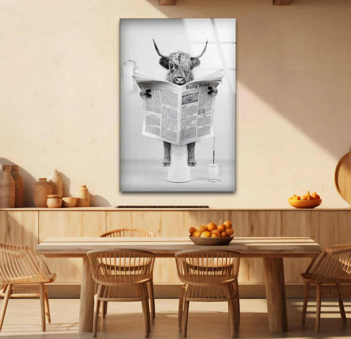 Funny Highland Cow Reading Newspaper Wall Art – Black and White Glass Print for Bathroom Humor Decor - MyPhotoStation