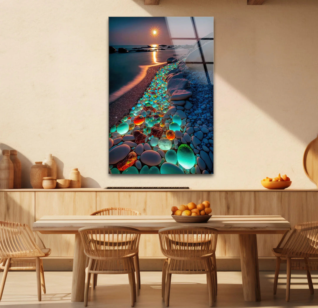Glowing Pebble Beach Wall Art – Sunset Glass Print with Luminous Stones for Coastal Decor - MyPhotoStation