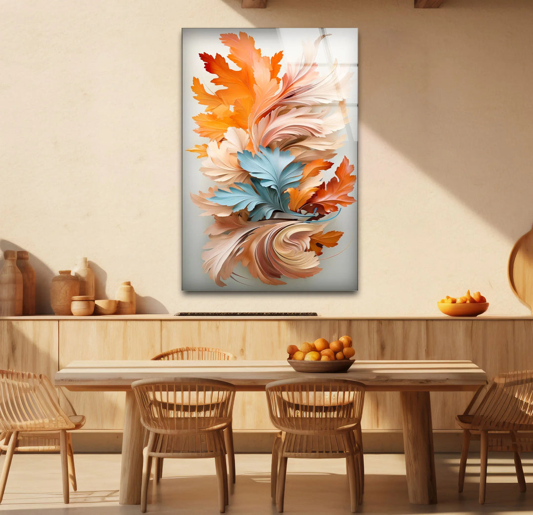 Autumn Leaves Abstract Wall Art – Orange and Blue Botanical Glass Print for Seasonal Elegance - MyPhotoStation