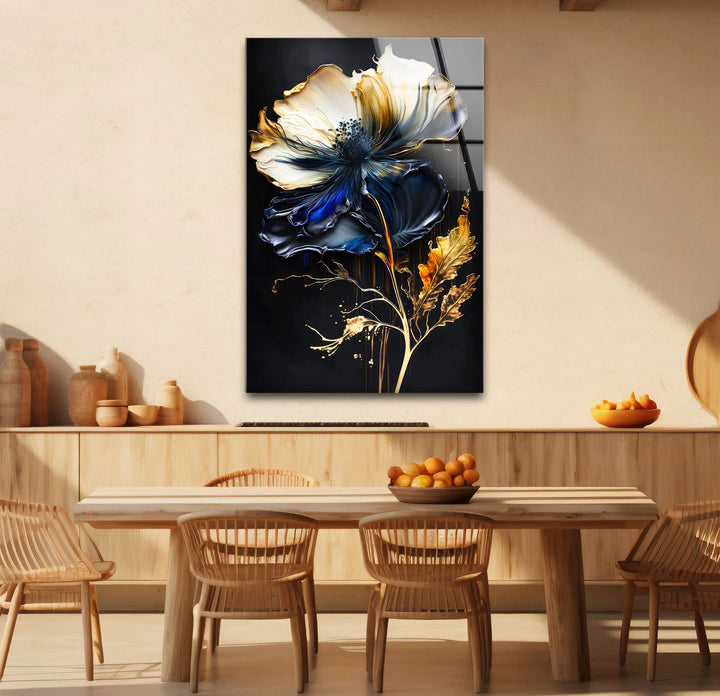 Blue and Gold Floral Wall Art – Elegant Dark Botanical Glass Print for Modern Luxury Decor - MyPhotoStation