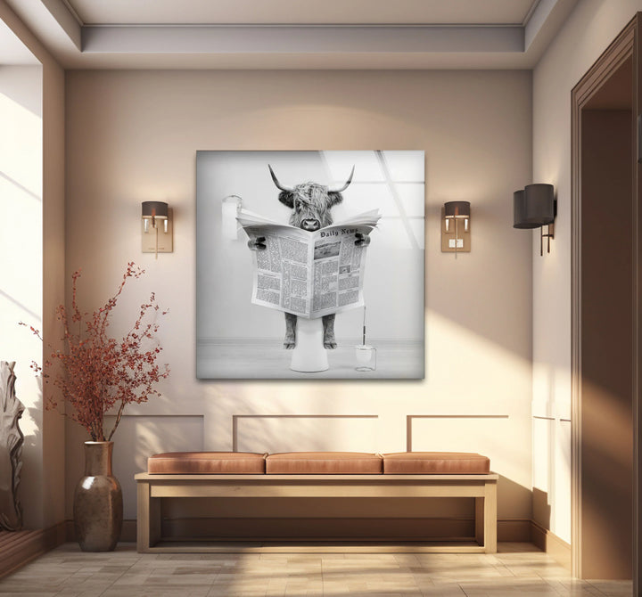 Funny Highland Cow Reading Newspaper Wall Art – Black and White Glass Print for Bathroom Humor Decor - MyPhotoStation
