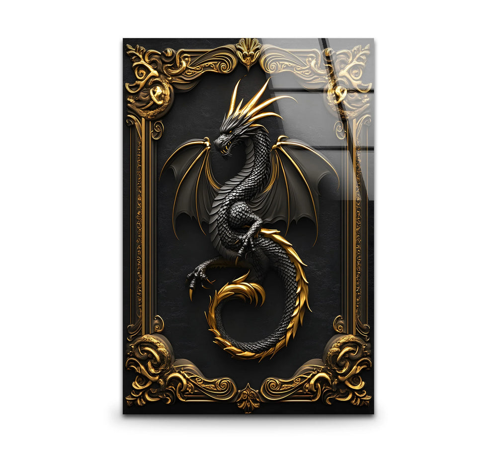 Bring strength and elegance to your space with a striking black and gold dragon, printed on durable glass.
