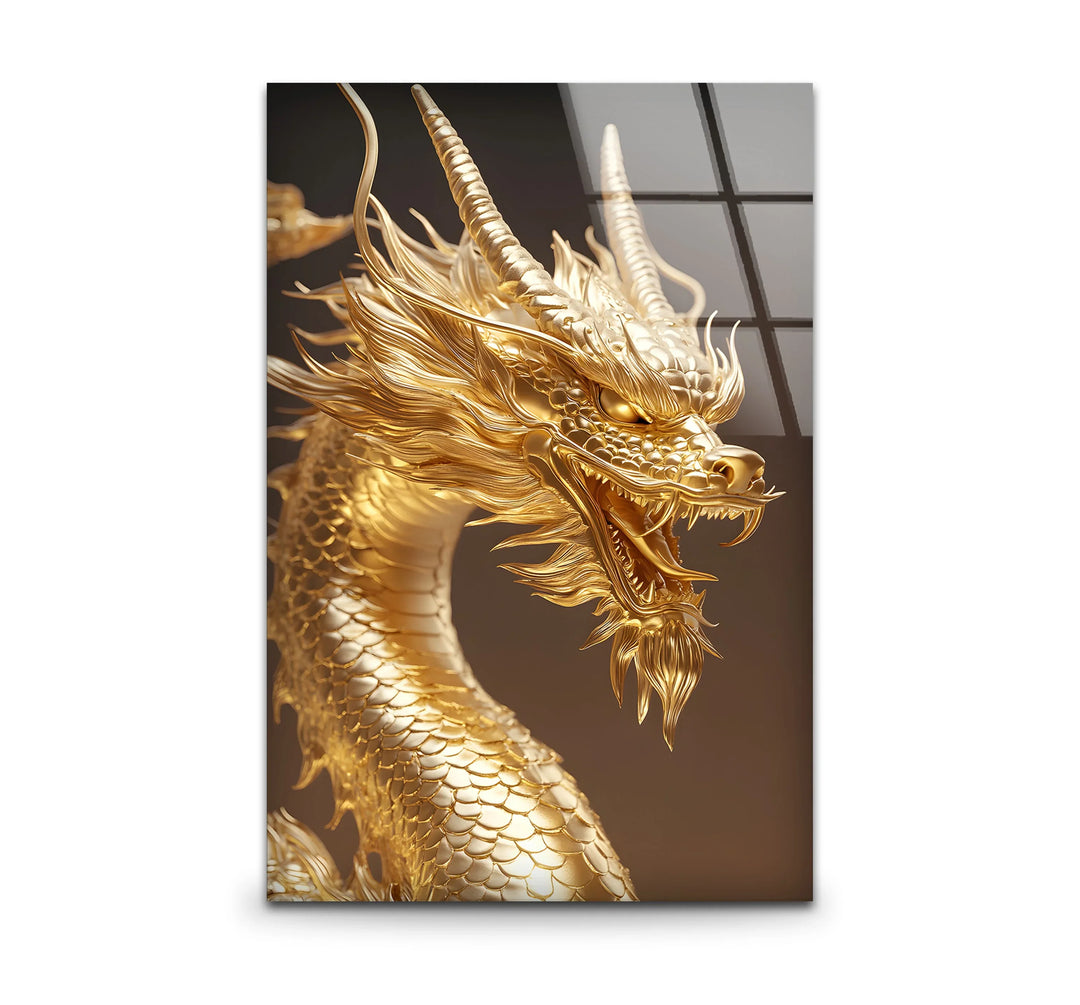A powerful golden dragon roaring fiercely, captured in stunning detail on premium glass wall art.