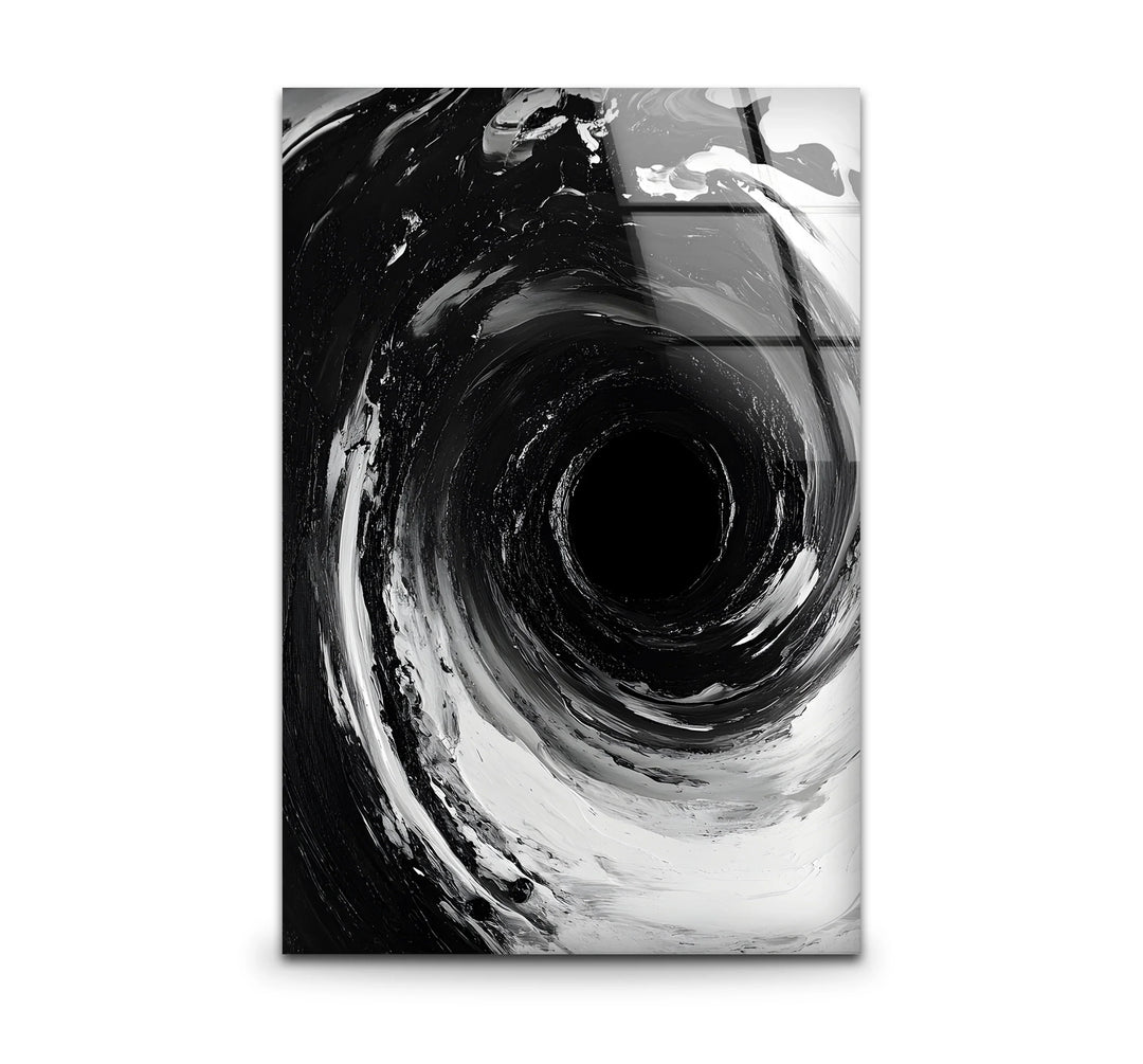Black and white art featuring an abstract swirling vortex with bold contrasts
