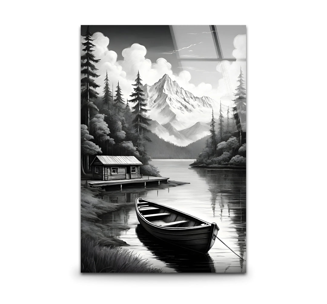 Black and white art featuring a serene nature landscape with trees and mountains