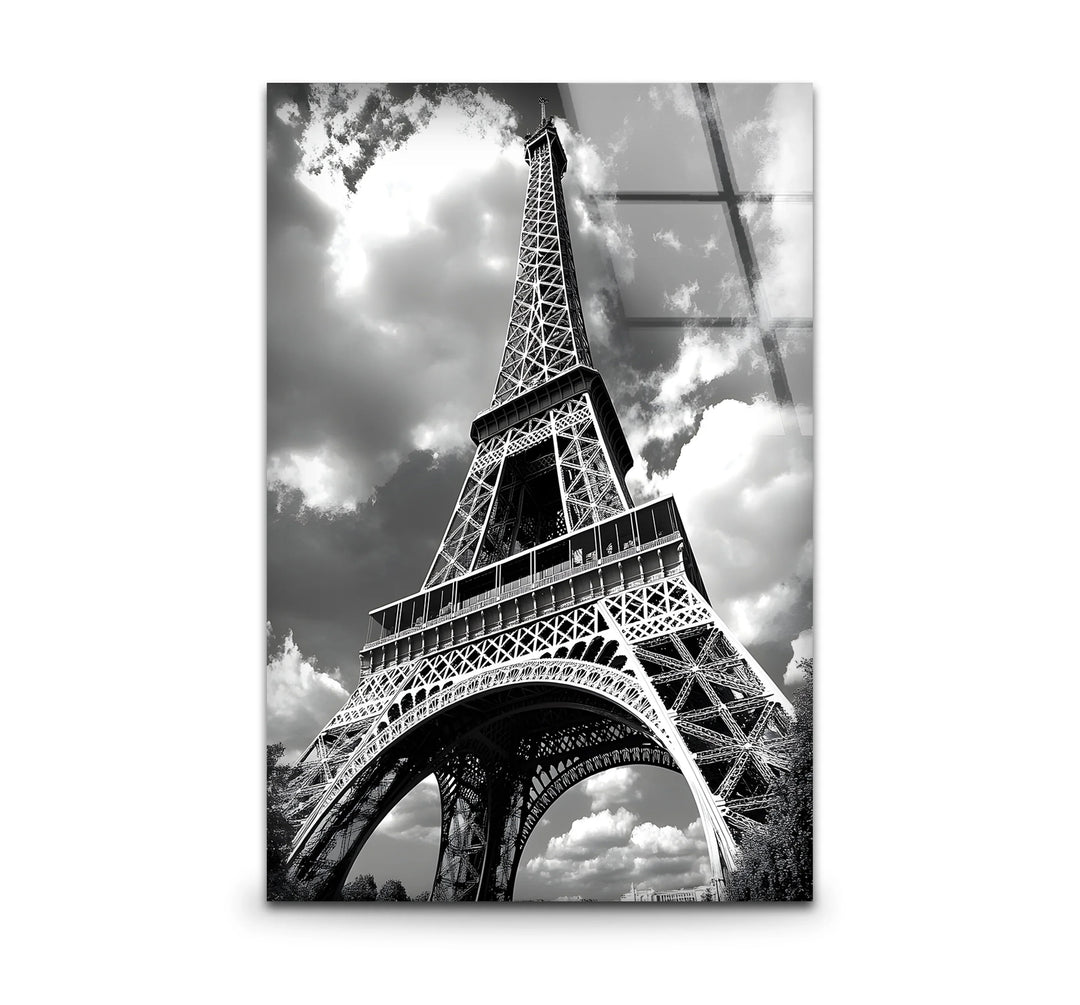 Black and white art featuring a close-up view of the Eiffel Tower with intricate architectural details