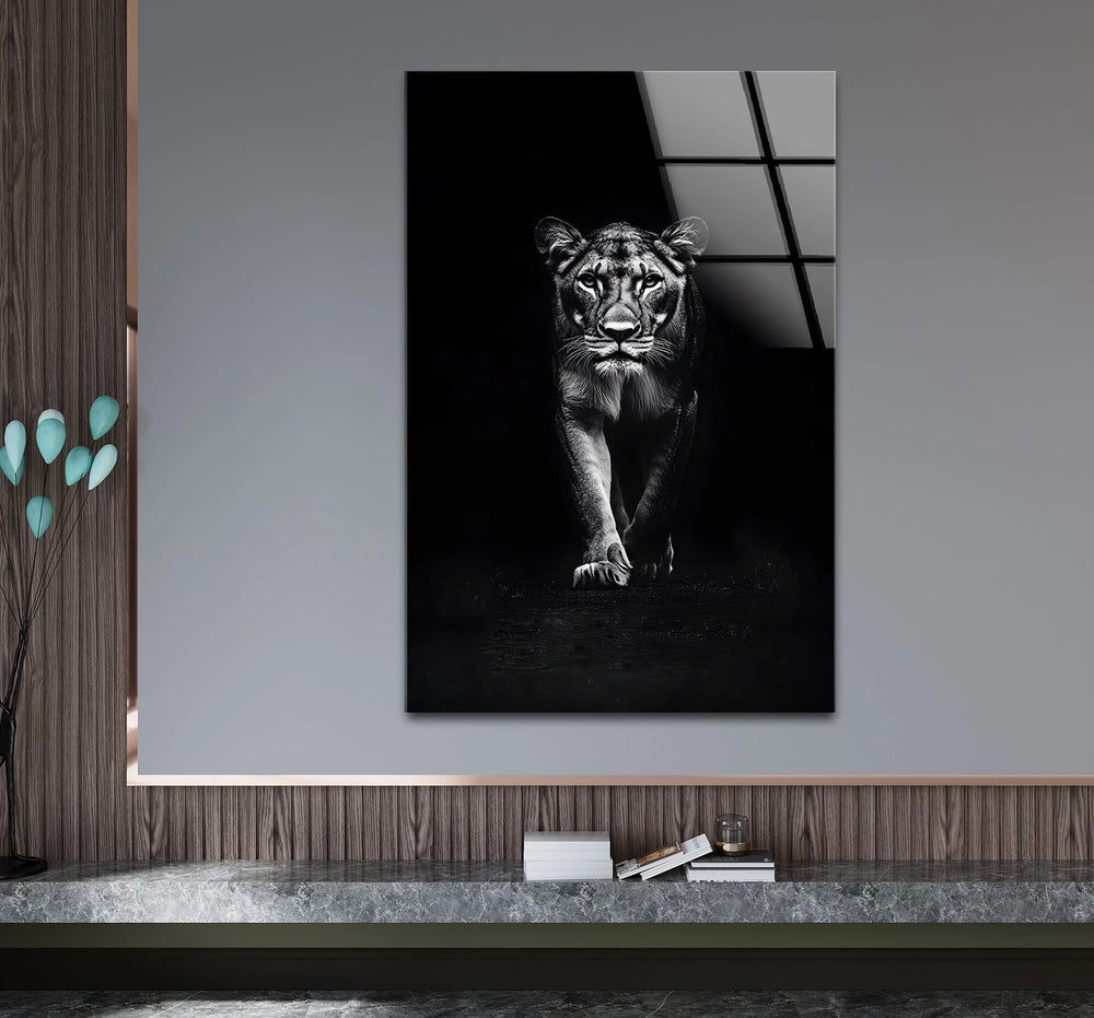 Lion in Motion: Powerful Black and White Glass Wall Art