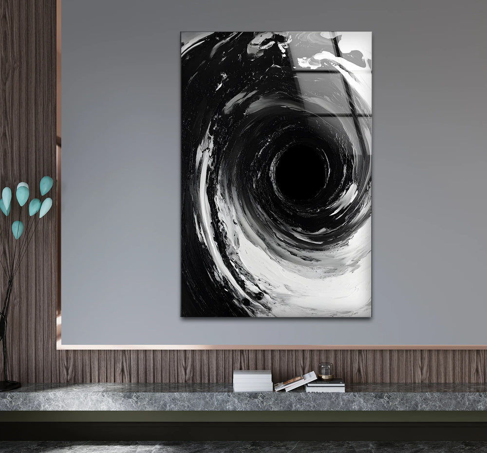 Stylish black and white wall art showcasing a dynamic vortex design in an artistic composition