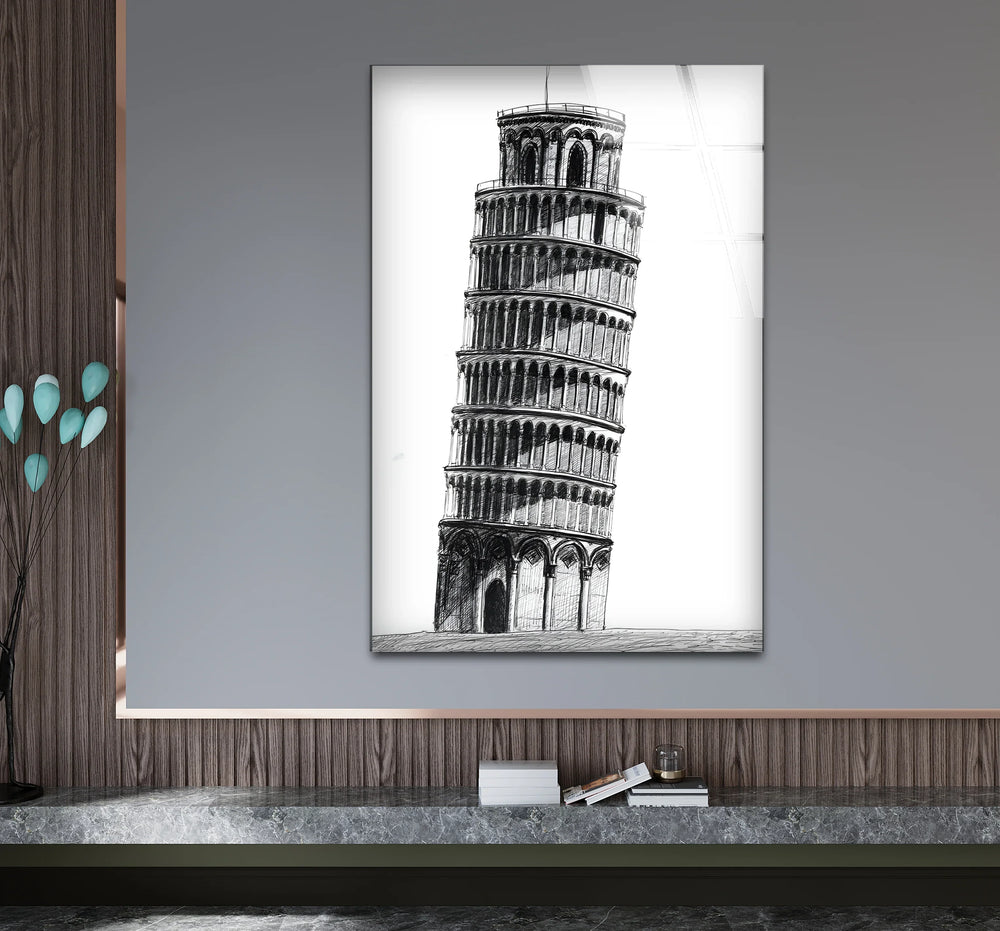Sophisticated black and white artwork showcasing the iconic Pisa Tower with intricate shading.
