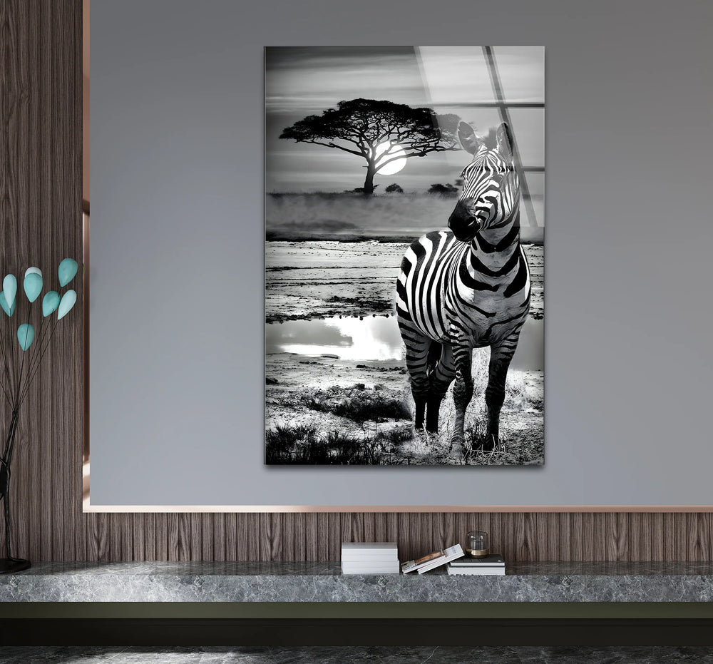 Stylish black and white wall art showcasing the elegance of zebra stripes in a dramatic composition