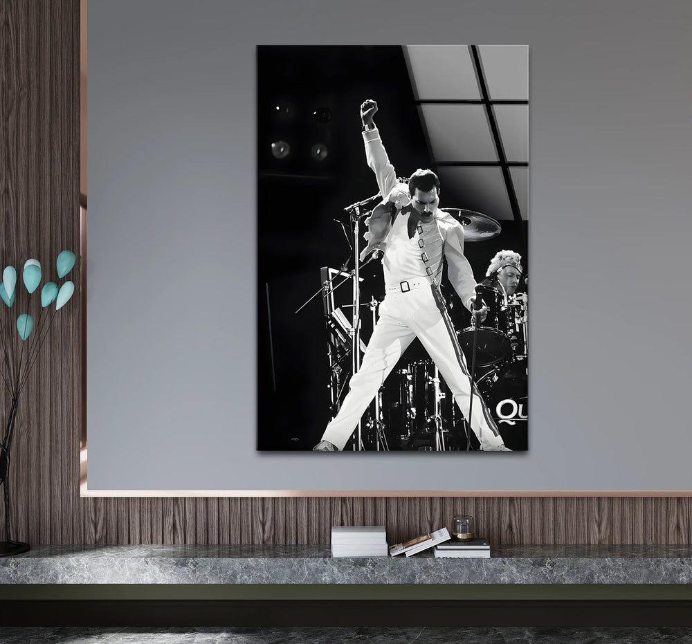 Freddie Mercury black and white wall art for music enthusiasts.