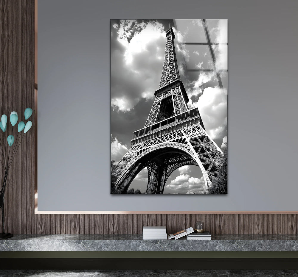 Stylish black and white wall art showcasing the Eiffel Tower in a dramatic and bold close-up design