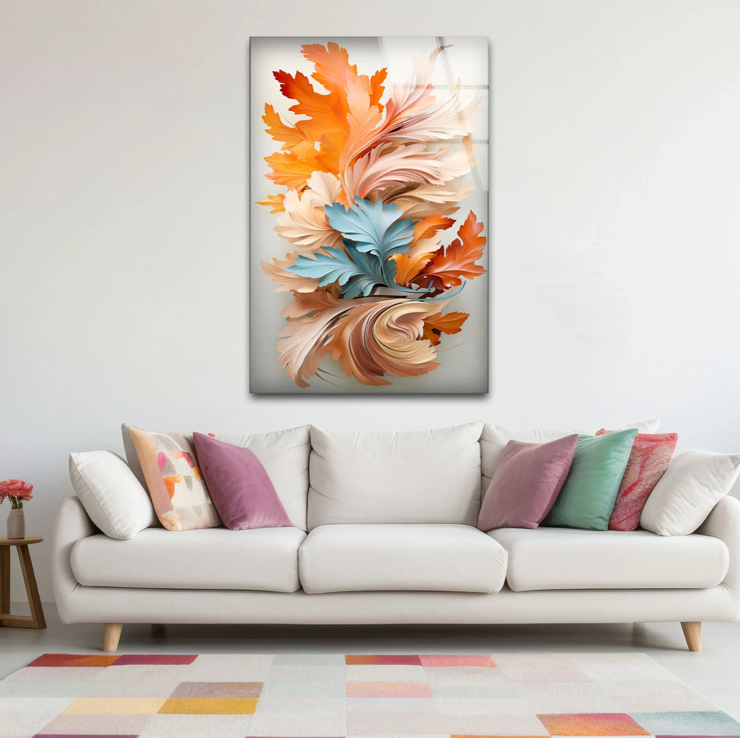 Autumn Leaves Abstract Wall Art – Orange and Blue Botanical Glass Print for Seasonal Elegance - MyPhotoStation