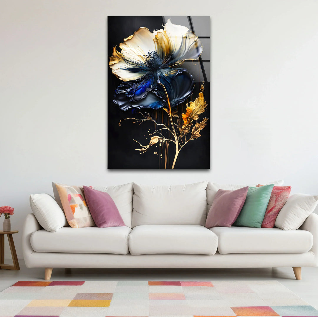 Blue and Gold Floral Wall Art – Elegant Dark Botanical Glass Print for Modern Luxury Decor - MyPhotoStation