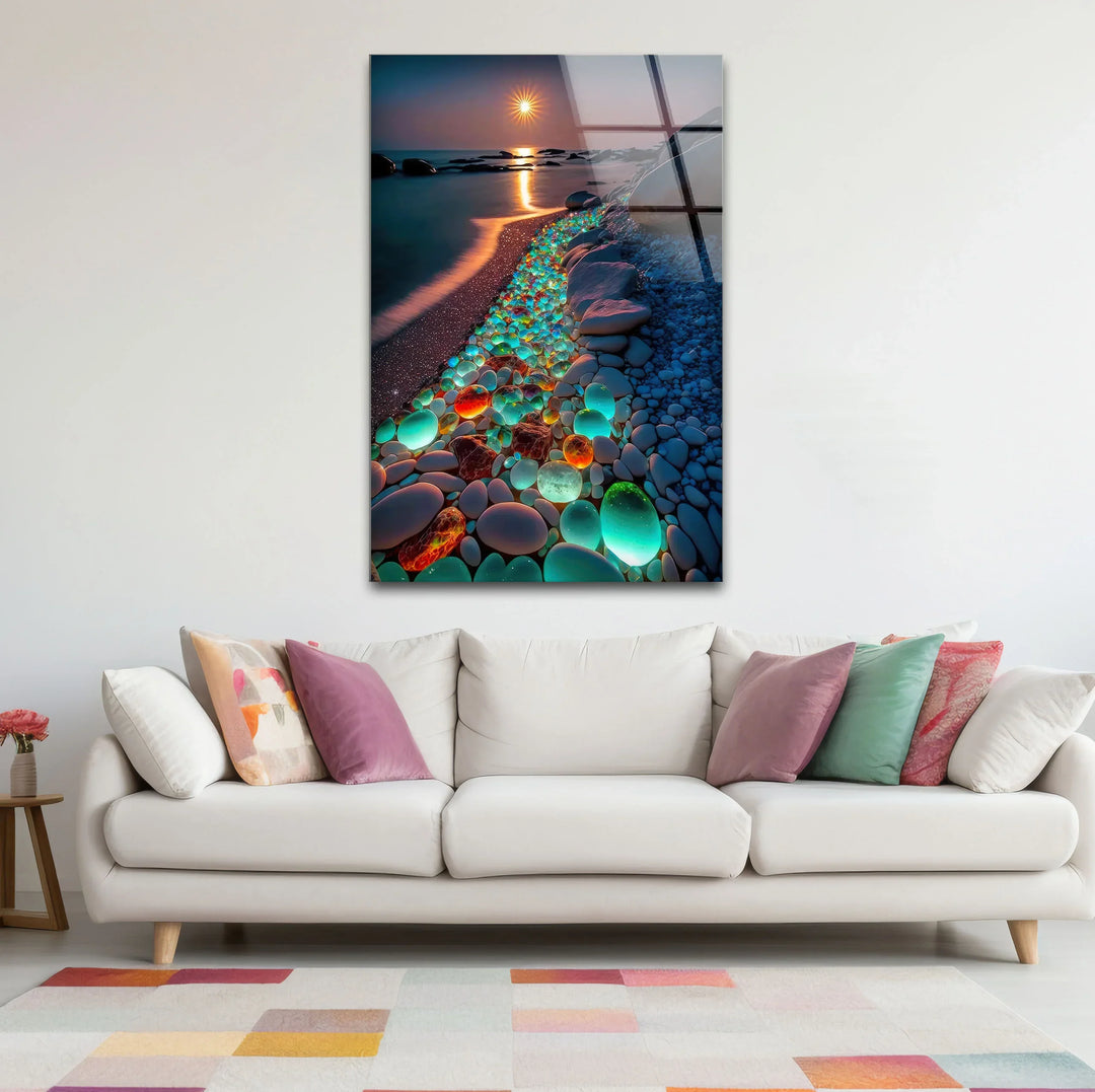 Glowing Pebble Beach Wall Art – Sunset Glass Print with Luminous Stones for Coastal Decor - MyPhotoStation