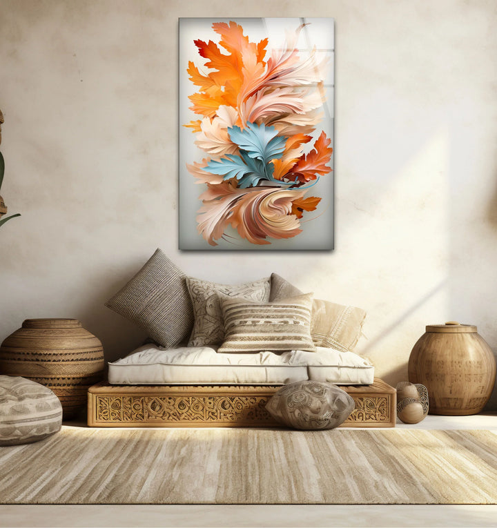 Autumn Leaves Abstract Wall Art – Orange and Blue Botanical Glass Print for Seasonal Elegance - MyPhotoStation
