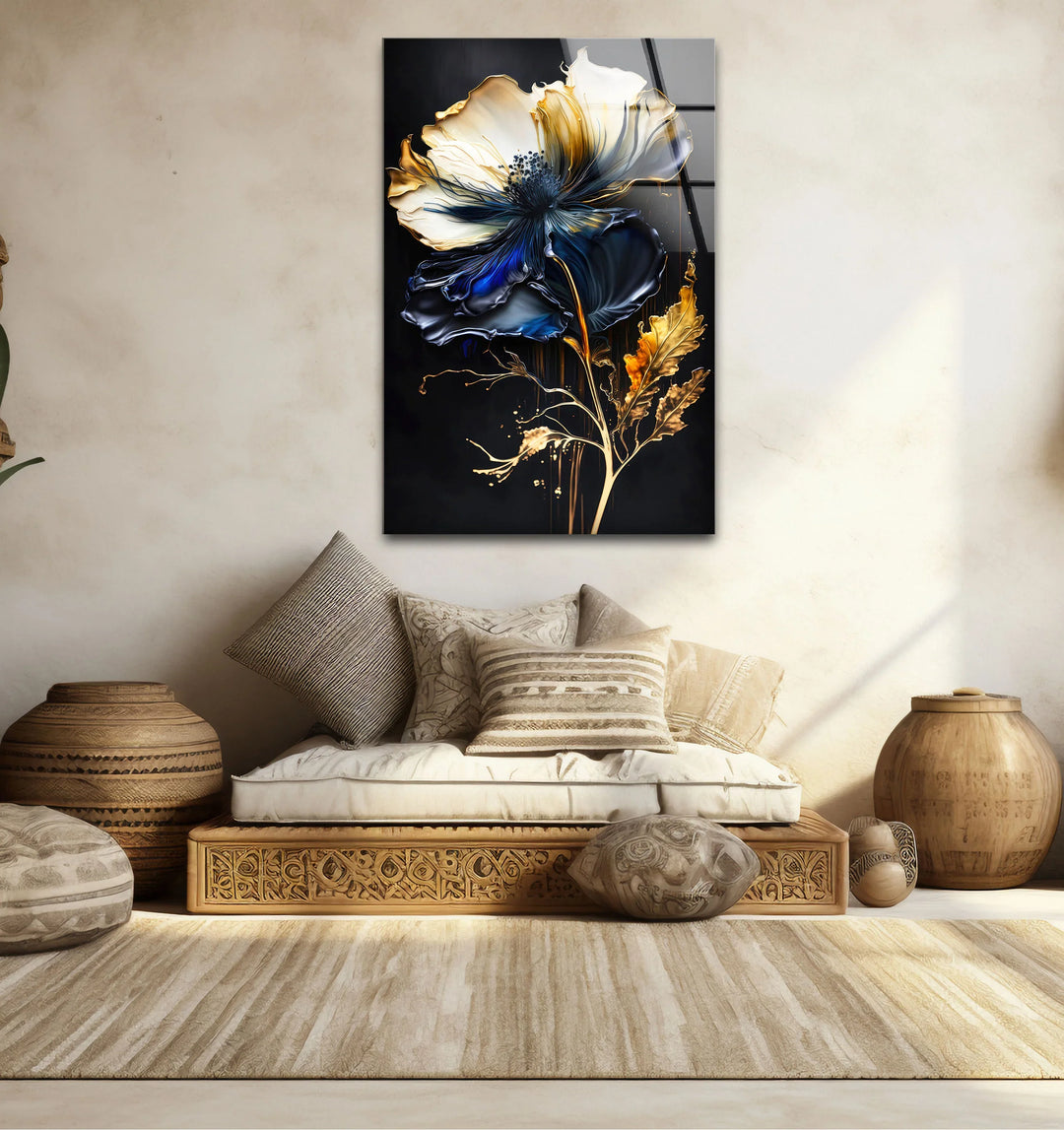 Blue and Gold Floral Wall Art – Elegant Dark Botanical Glass Print for Modern Luxury Decor - MyPhotoStation
